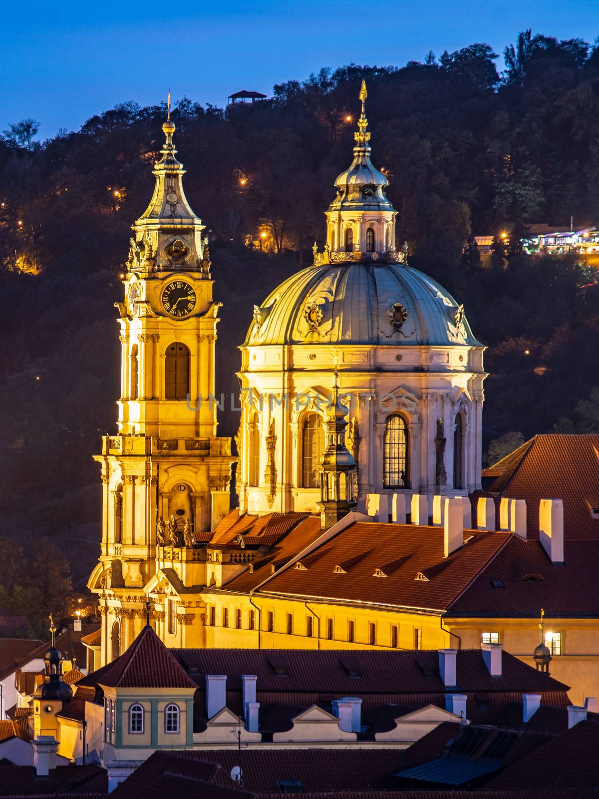 St Nicholas Church in Mala Strana, Lesser Town district, in the evening, Prague, Czech Republic.