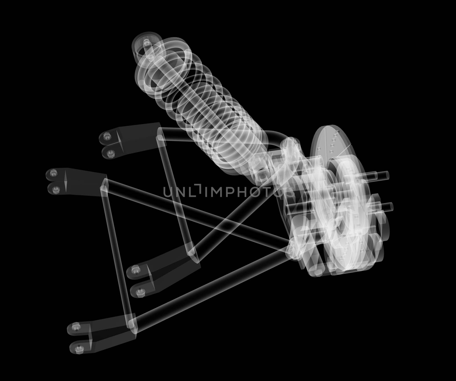 X-ray Car suspension and brake disk on black background, 3d illustration