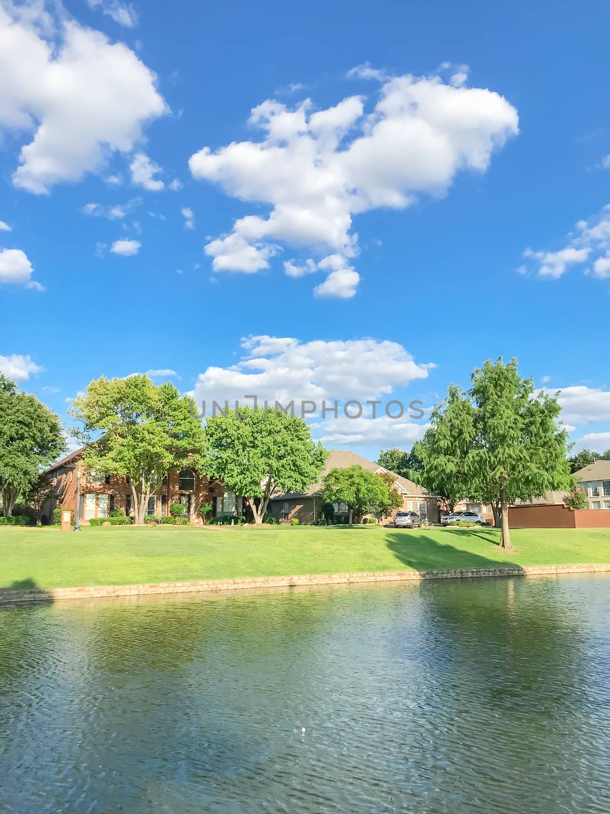 Beautiful waterfront house with row of mature bold cypress trees in suburbs Dallas, Texas, USA. Suburban single family detached home along river with high stone retaining wall, green grass lawn