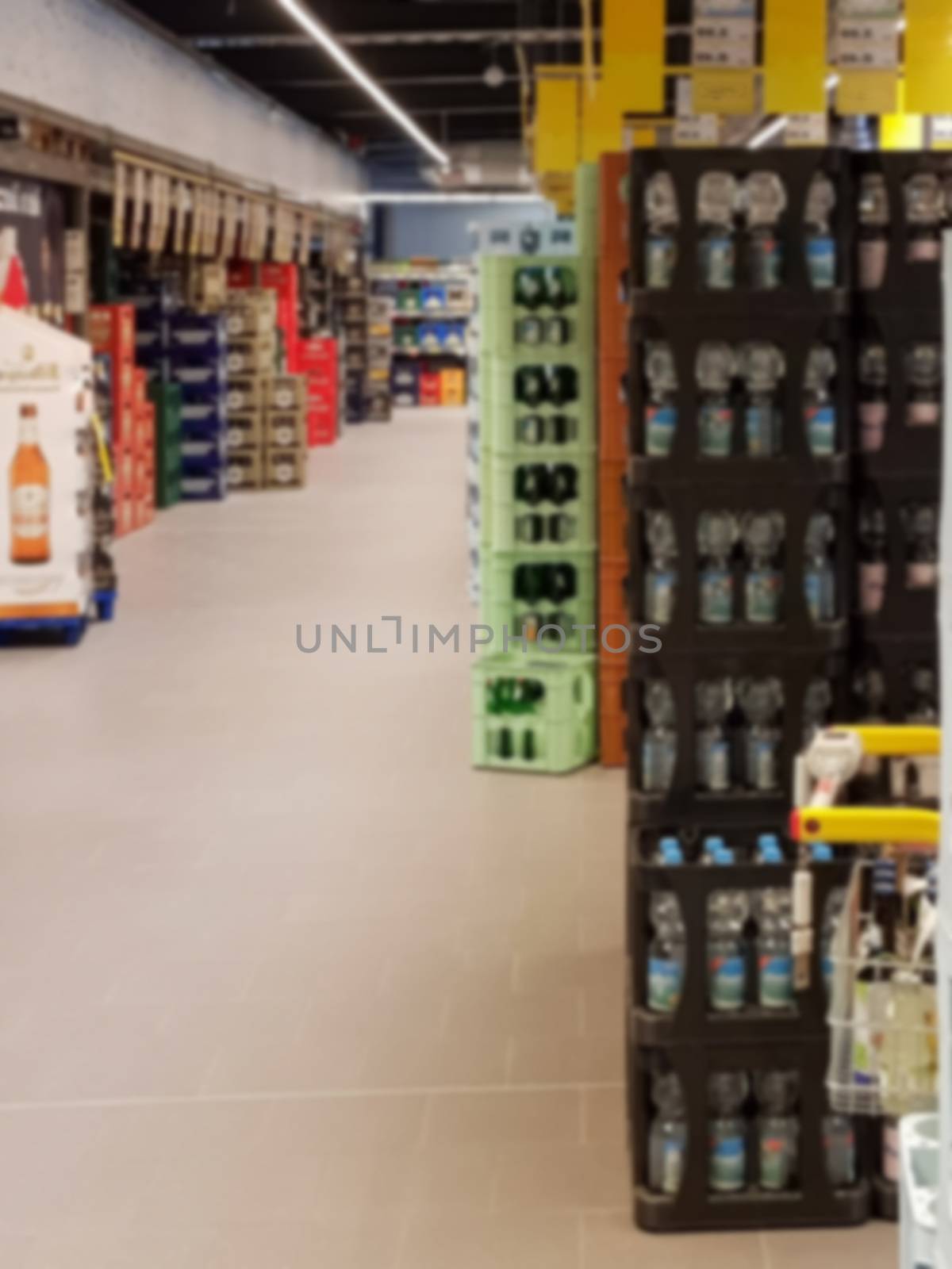 View into a beverage specialist market. Blurring when recording desired