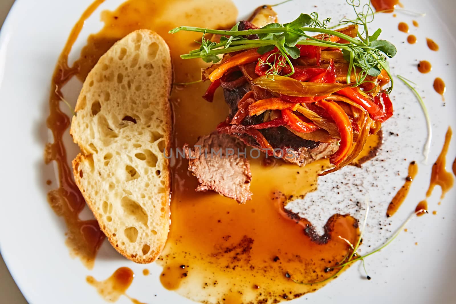 Delicious beef steak with vegetables. Shallow dof