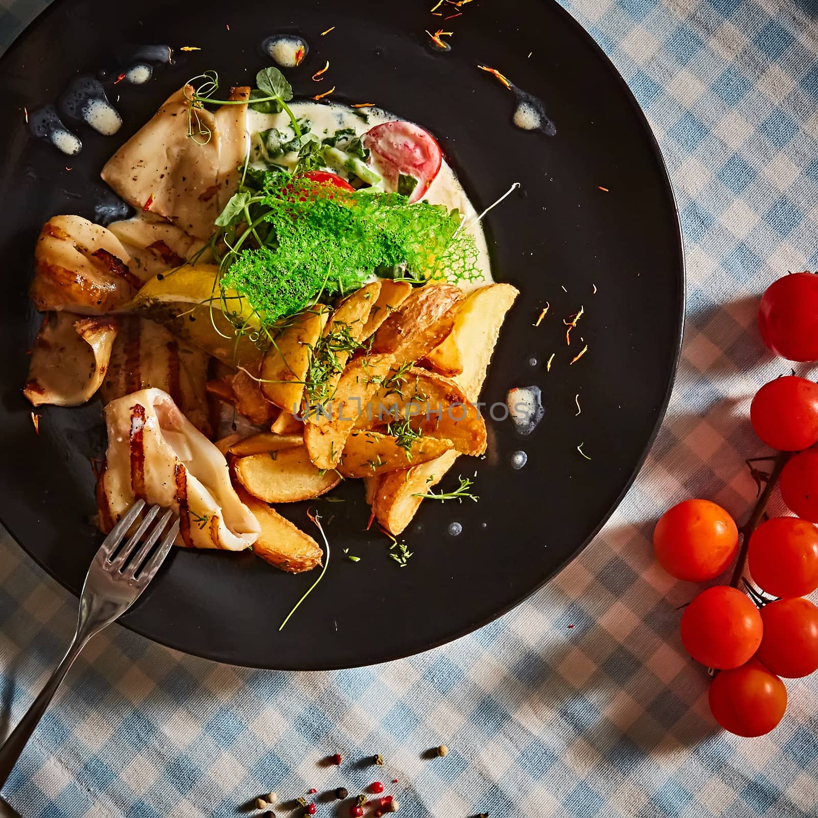 Grilled squid with salad. Shallow dof