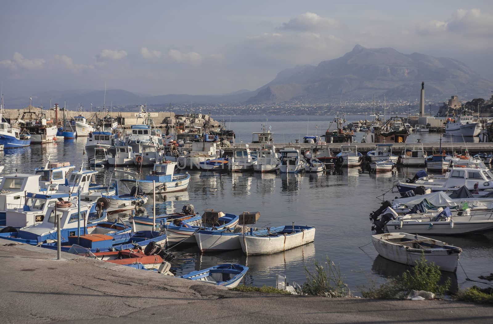 Beautiful Sunset Landscape Showing Boats Moored in Porticello Port in Sicily