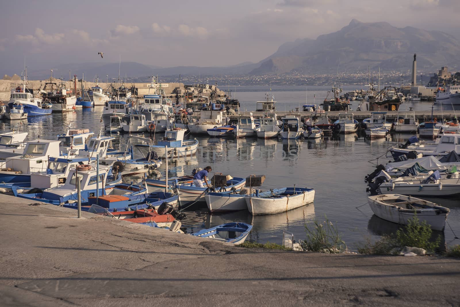 Beautiful Sunset Landscape Showing Boats Moored in Porticello Port in Sicily