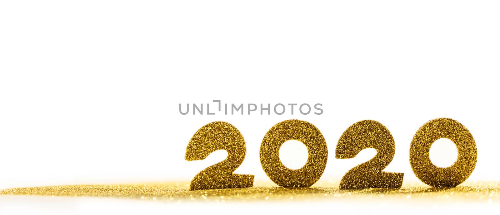 2020 New Year luxury design concept. Golden 2020 New Year horizontal template with golden glitter isolated on white backgound