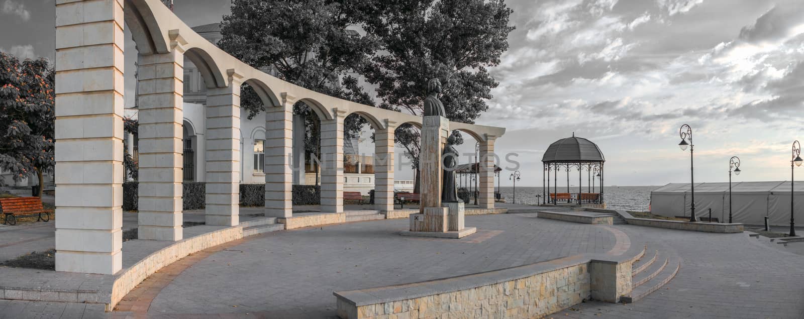 Constanta, Romania – 07.09.2019.  Statue of Mihai Eminescu in Constanta, Romania, on a sunny summer morning