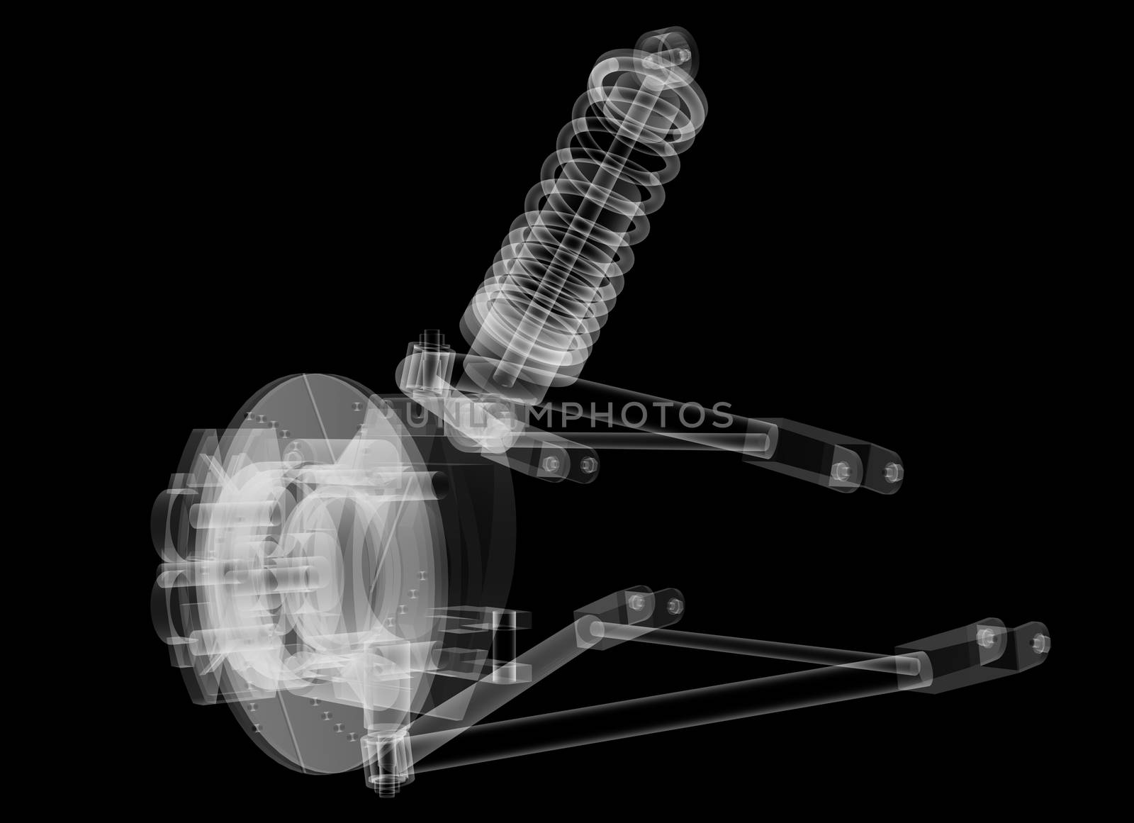 X-ray Car suspension and brake disk on black background, 3d illustration