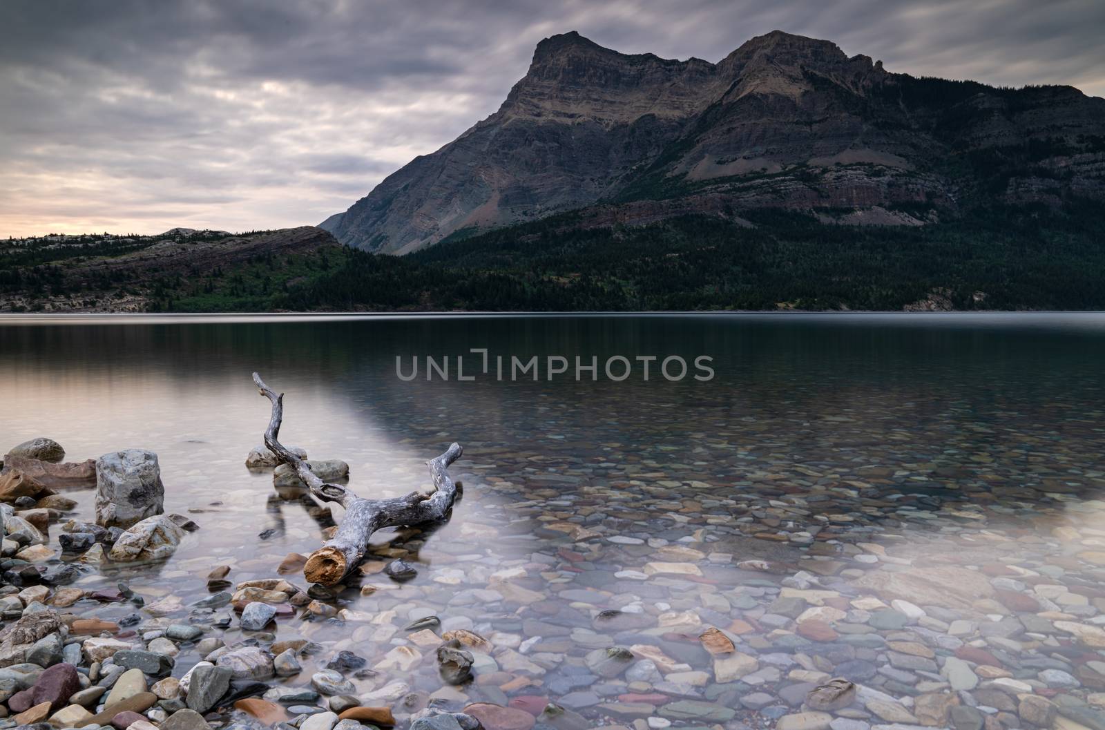 Panoramic image of the Waterton Lake at sunrise, Waterton Lakes National Park, Alberta, Canada