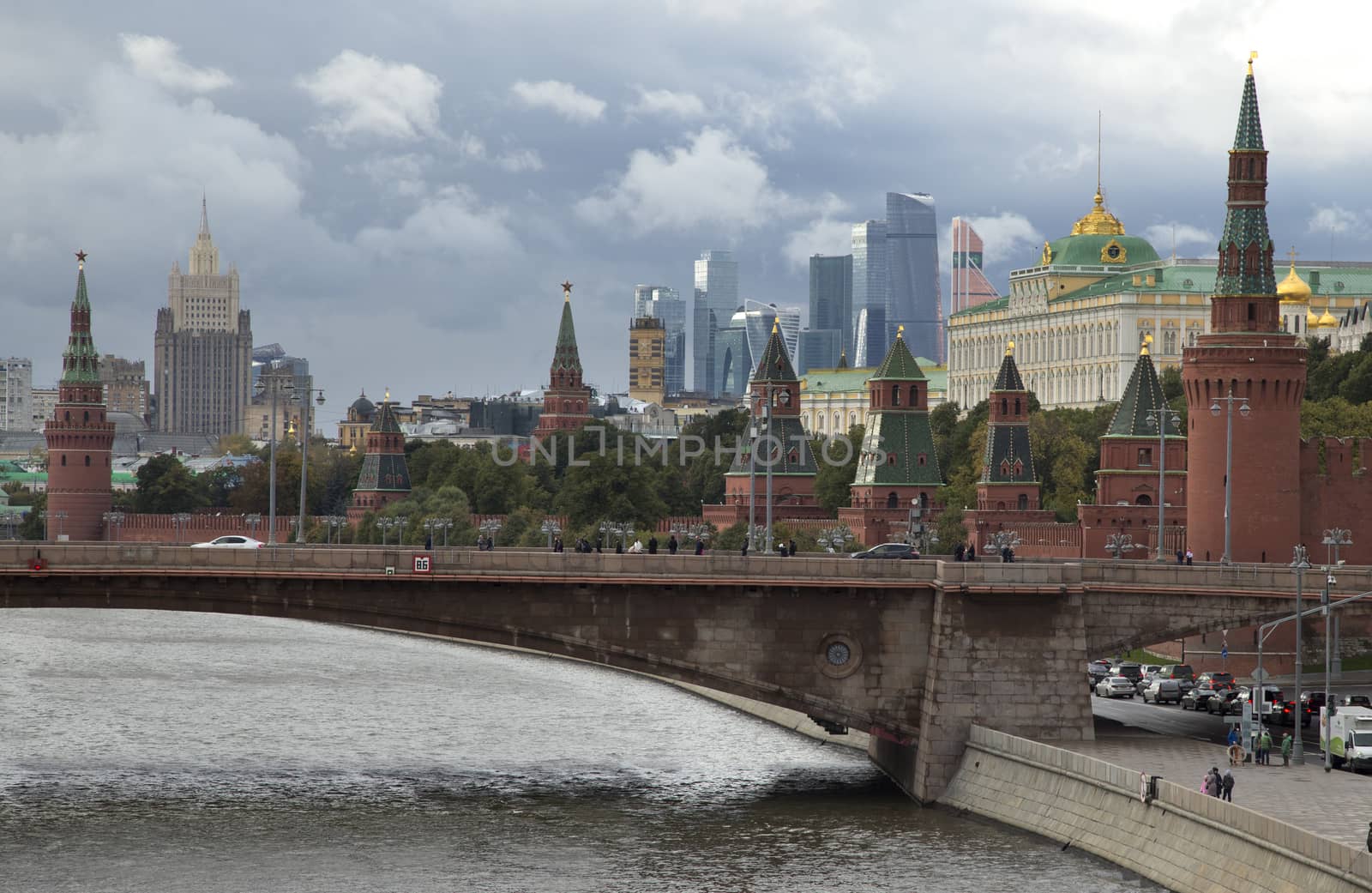 Russia, Moscow, view on Kremlin on against dramatic cloudy sky.