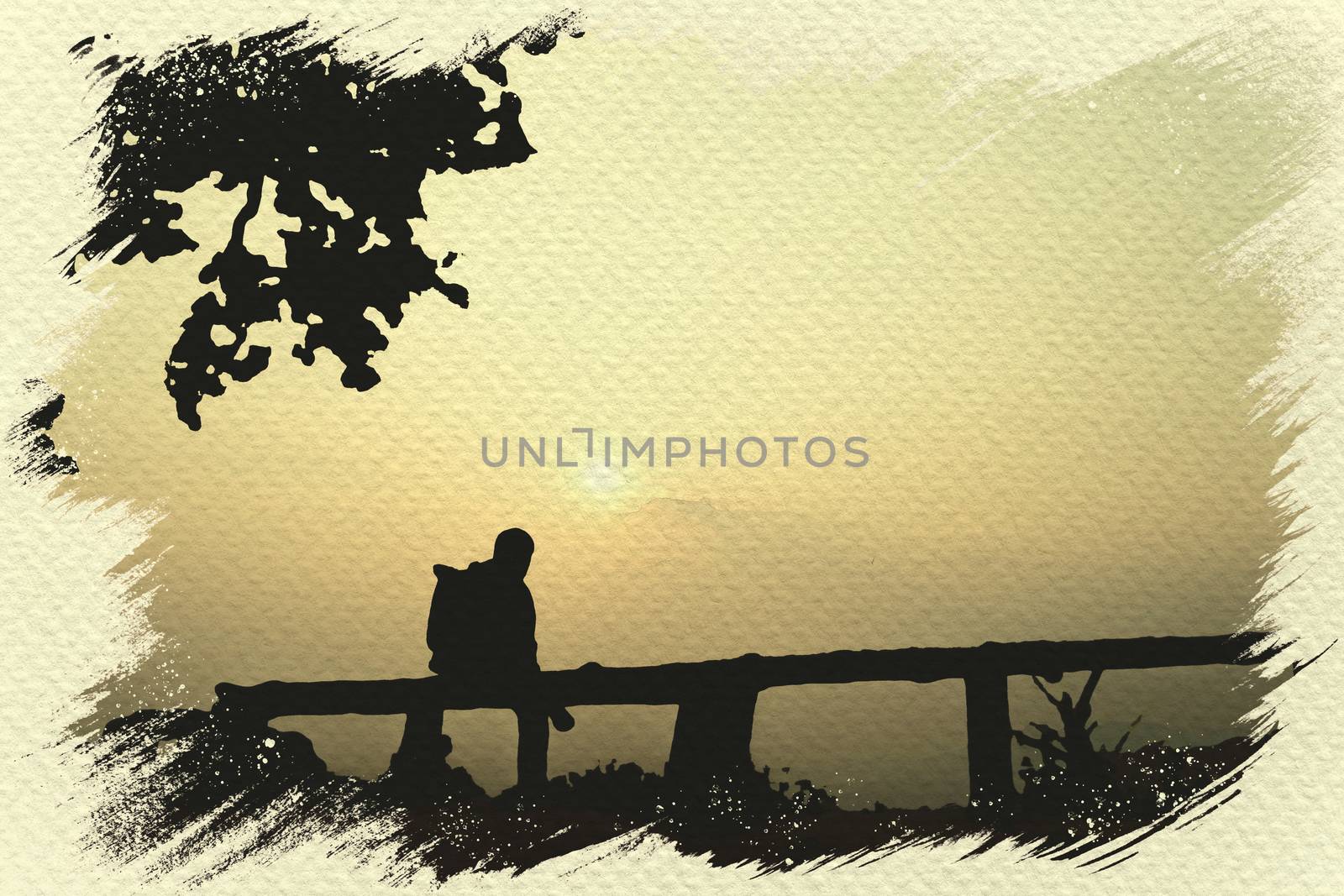 The man sitting and seeing sunset in view point. Digital watercolor painting effect. Copy space for text.