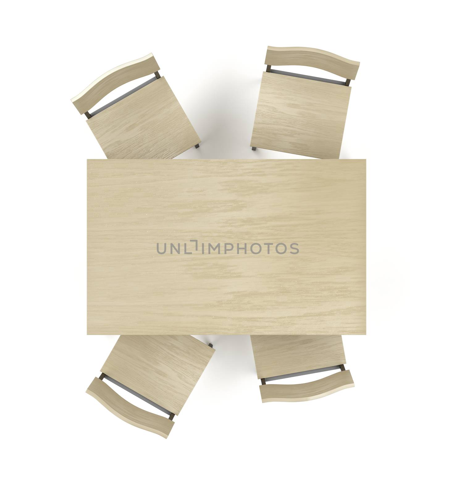 Top view of wood dining table and four chairs on white background