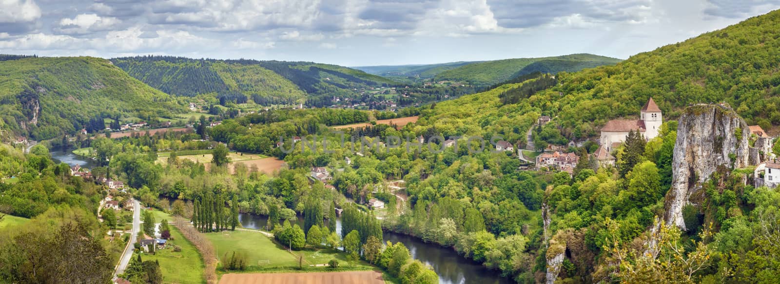Panoramic landscape with Valley of Lot river and Saint-Cirq-Lapopie village, France