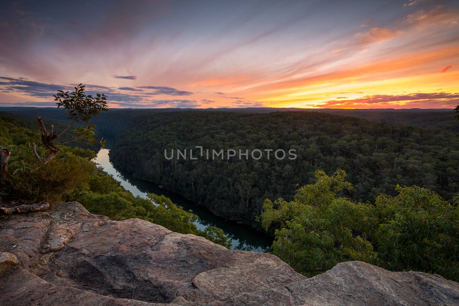 Nepean River and Nepean Gorge at a fiery vivid sunset