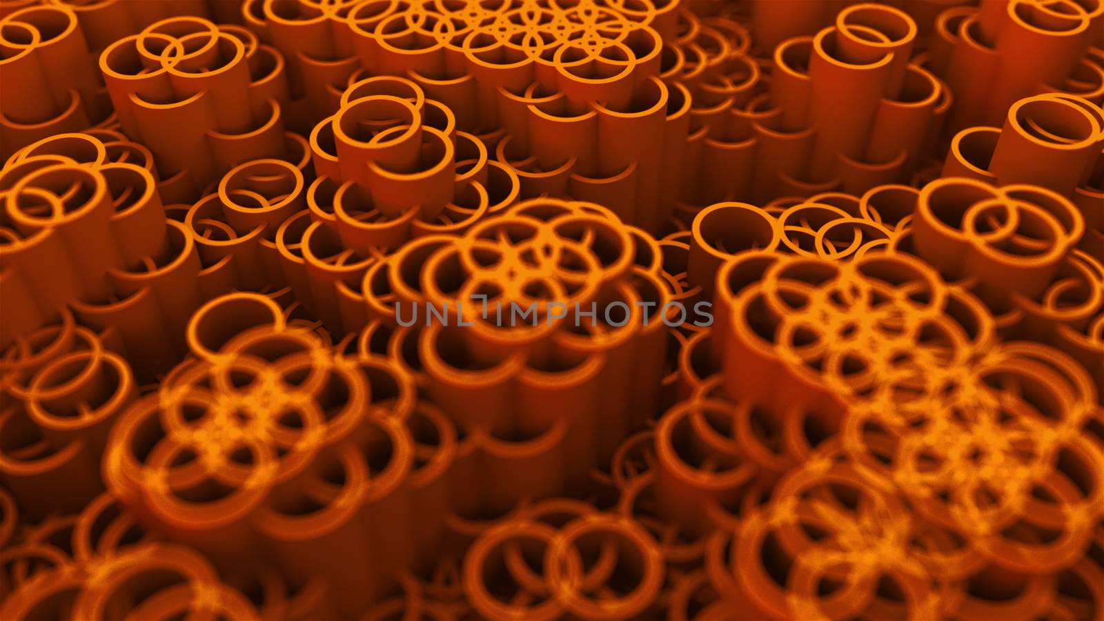 Background of many circles, lot of 3d intersecting cylinders, computer generated modern backdrop