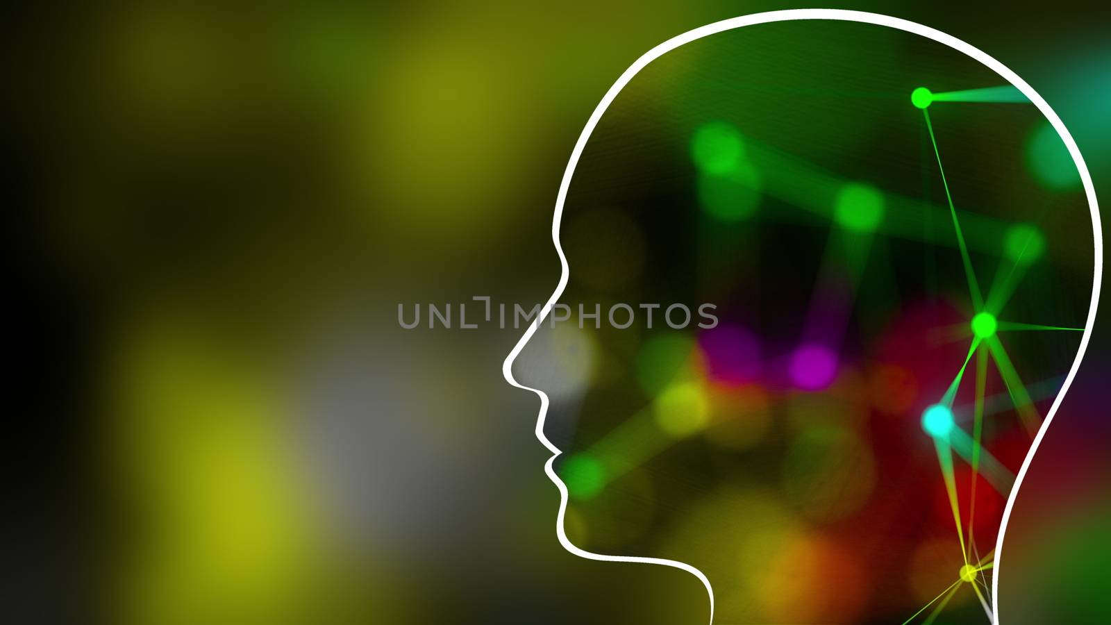 Grid of thin straight lines connected by dots inside the head profile on a green, computer generated background, 3d rendering