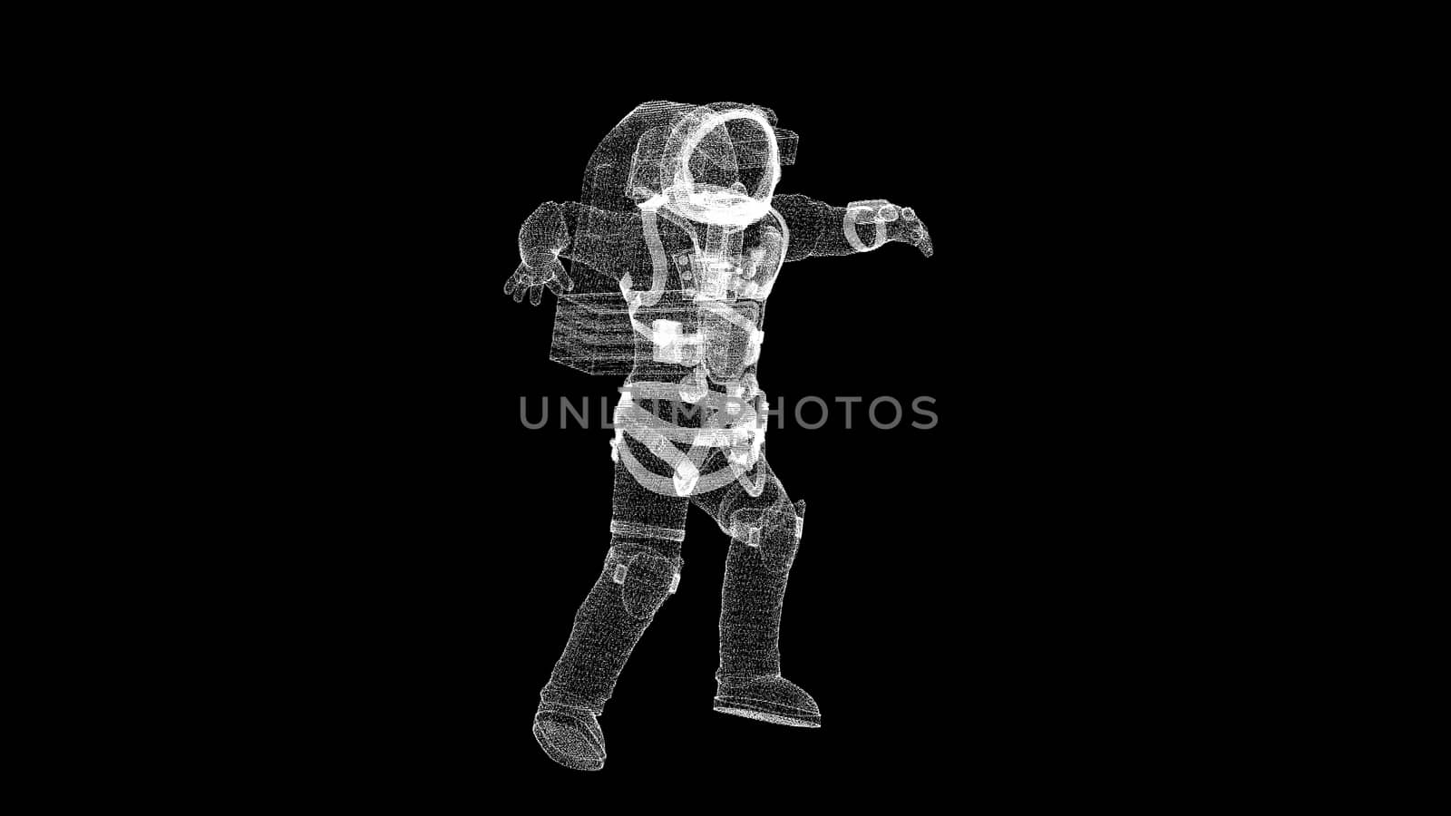 Astronaut in modern scaphandre from many small particles is in the space, 3d background, computer generated backdrop by nolimit046
