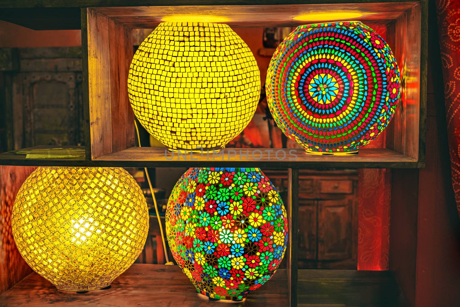 coloured stained glass lamps mosaic colored in dark background shelves by LucaLorenzelli