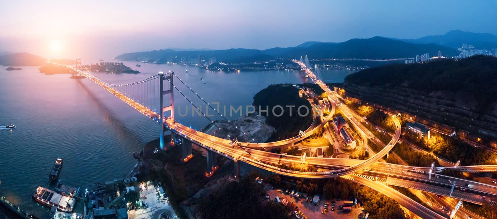 Tsing Ma Bridge at sunset in Hong Kong. Drone Shoot