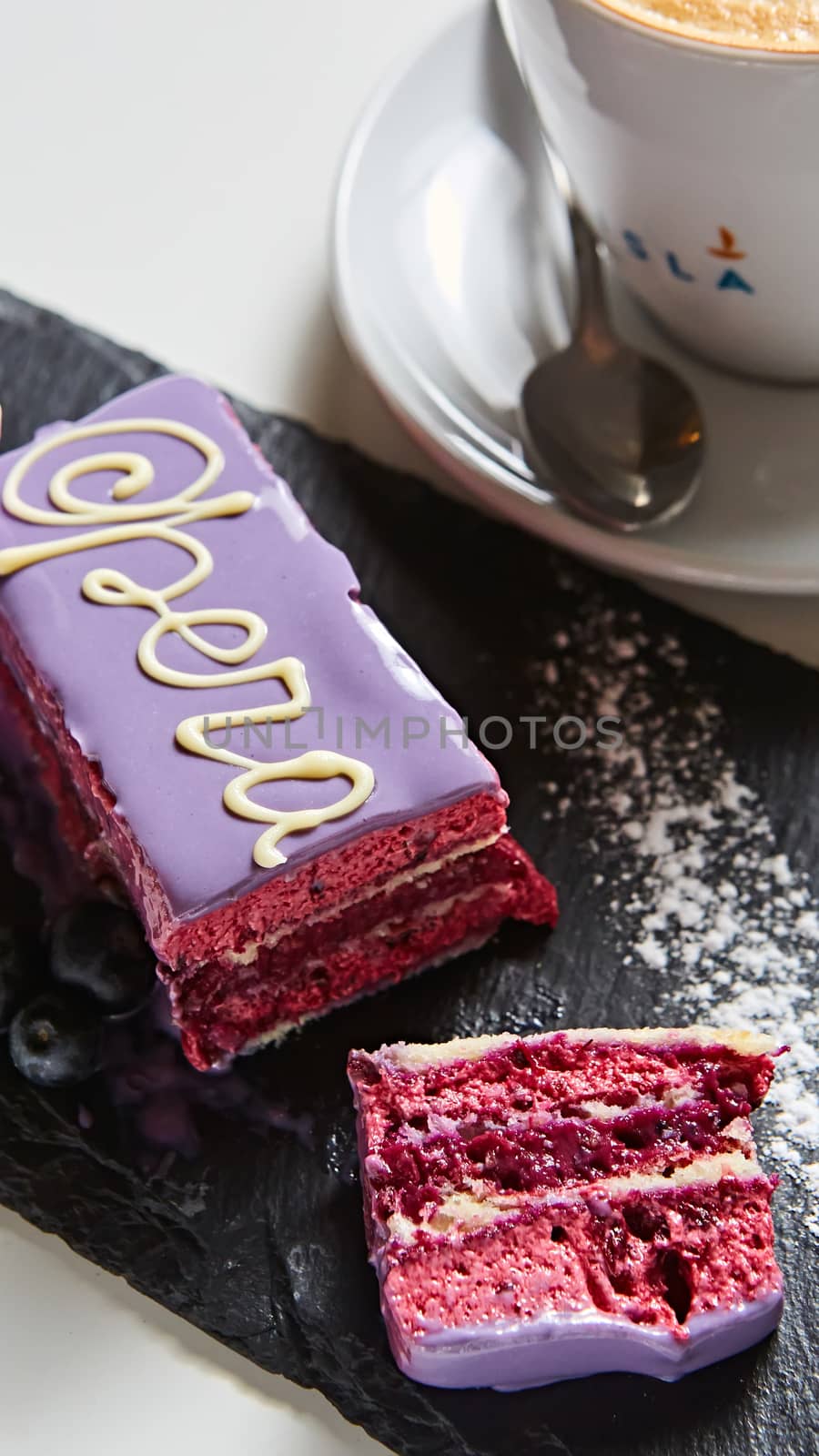 The opera cake with latte. Shallow dof