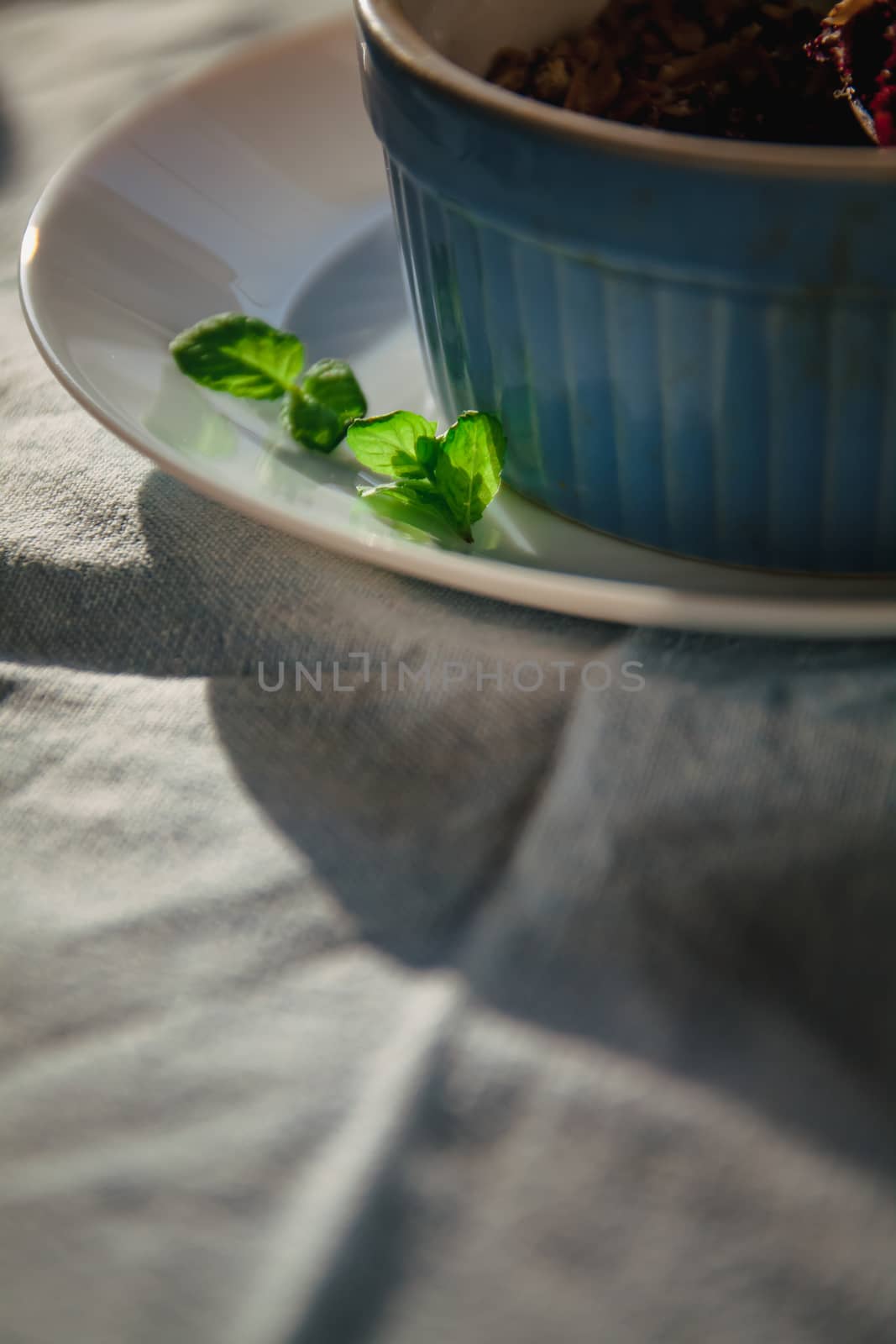 baked oat-blueberry crumble with mint in a white and blue plate on a rustic linen tablecloth. Save the space, top view. The concept of healthy proper nutrition for breakfast, vegetarianism