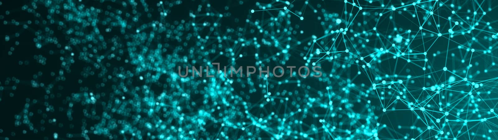 Abstract connection of dots with bokeh on black background generated by computer. Widescreen 3d rendering