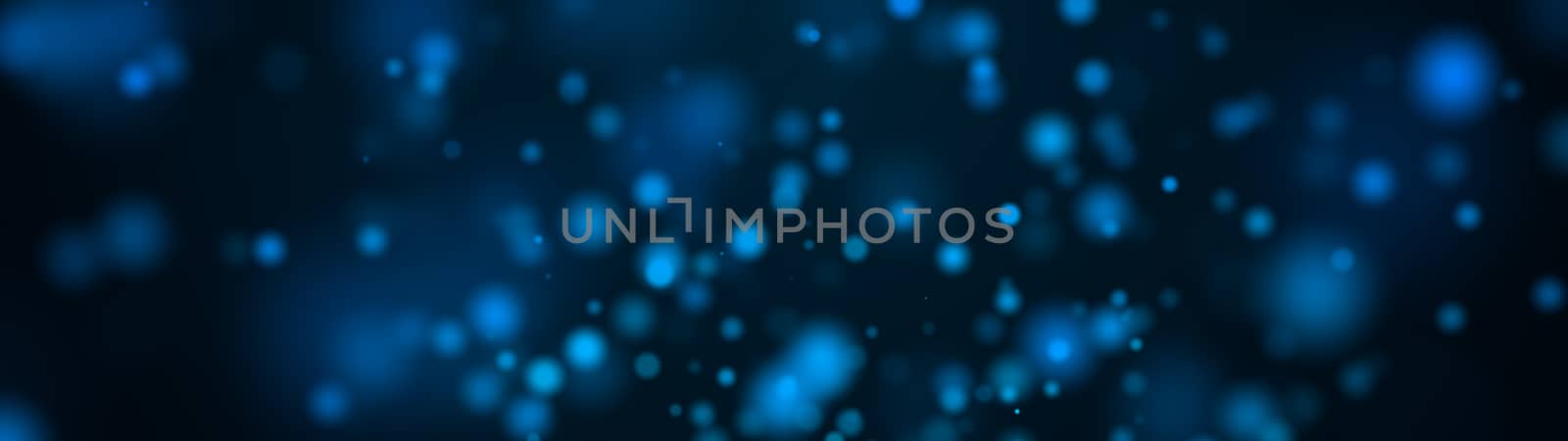 Computer generated many of blue spots big and small with bokeh on a black background. Widescreen 3d rendering by nolimit046