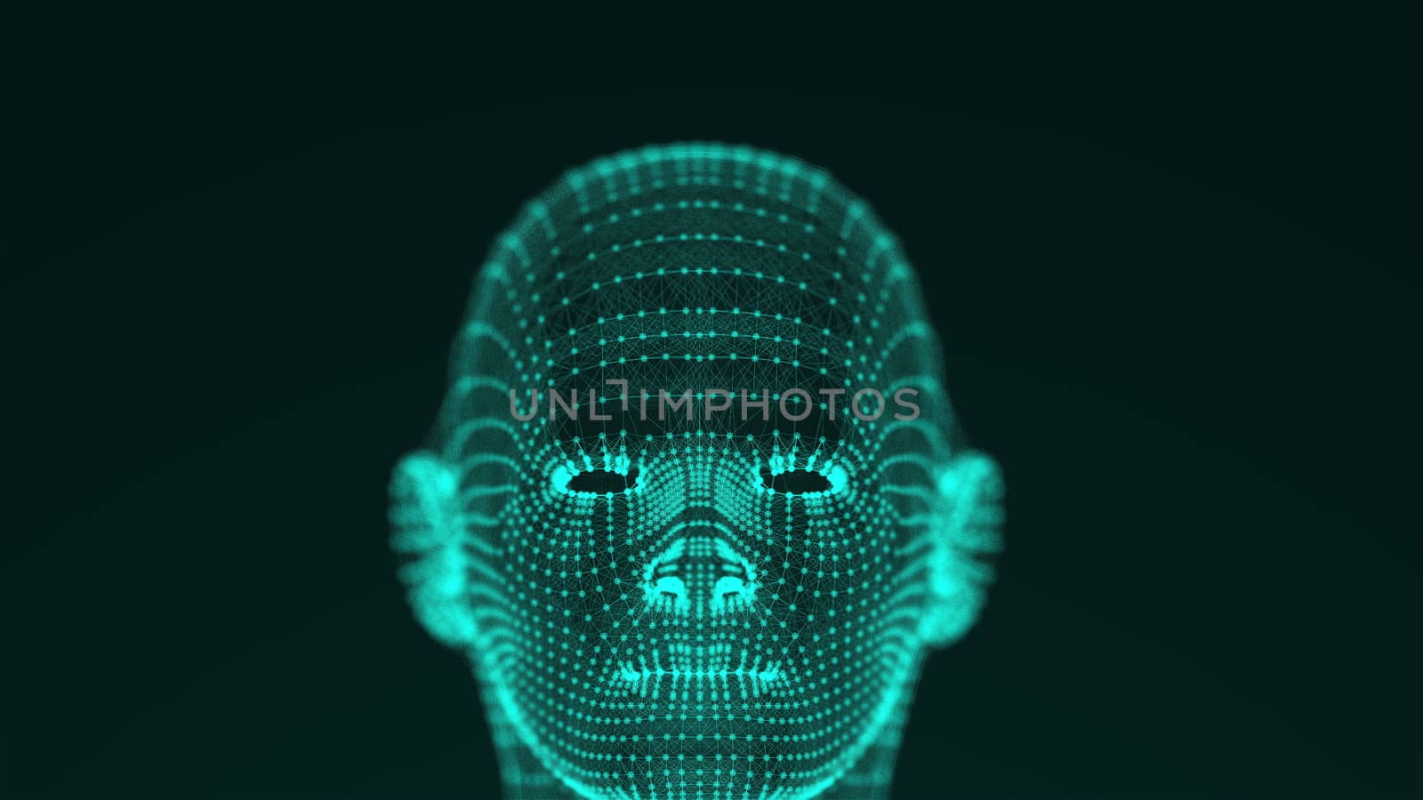 Many points and thin threads form a bright futuristic shape of the head of a person or a robot on black background. Computer generated 3d rendering by nolimit046