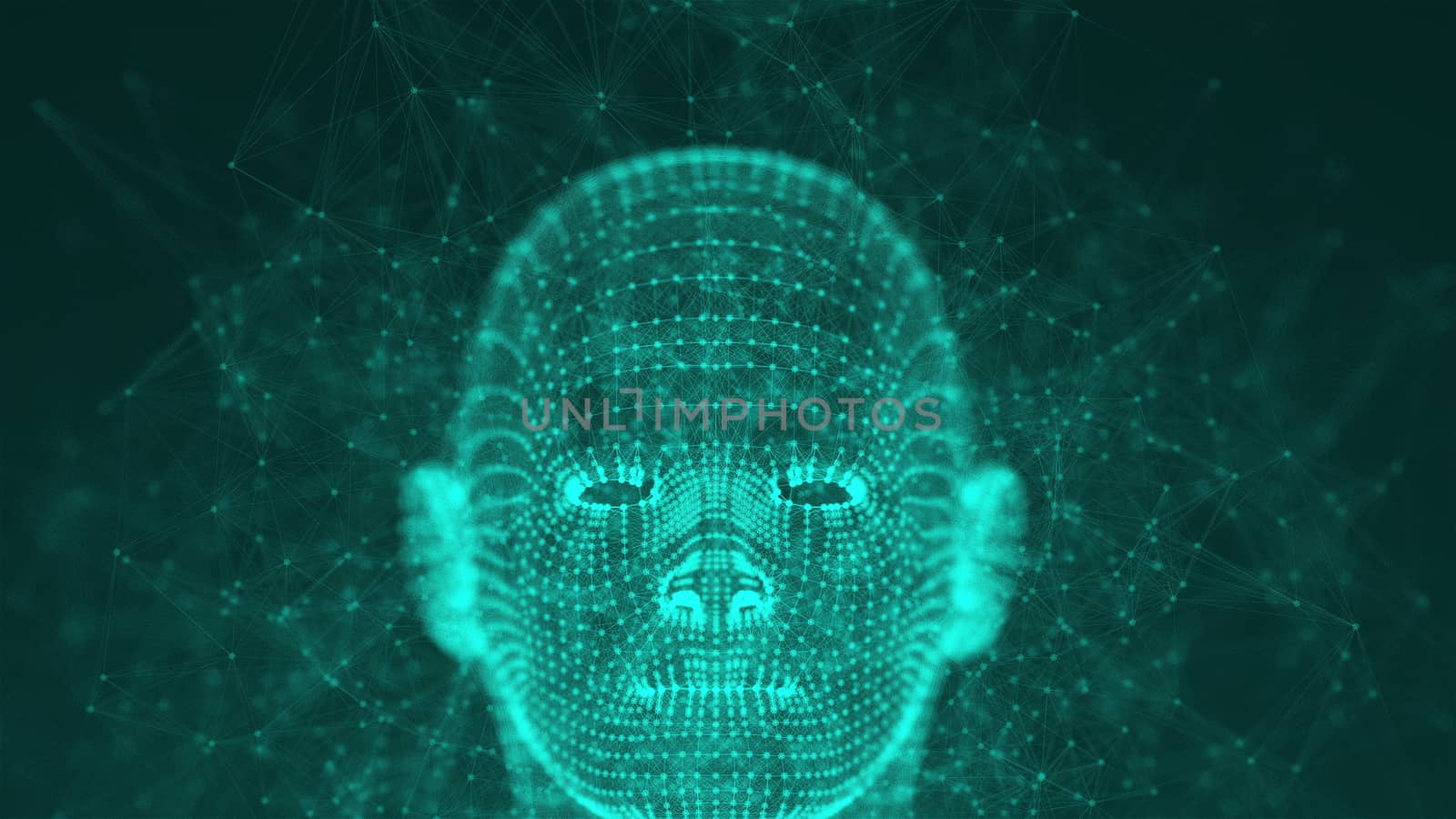 Many points and thin threads form a bright futuristic shape of the head of a person or a robot on black background. Computer generated 3d rendering by nolimit046