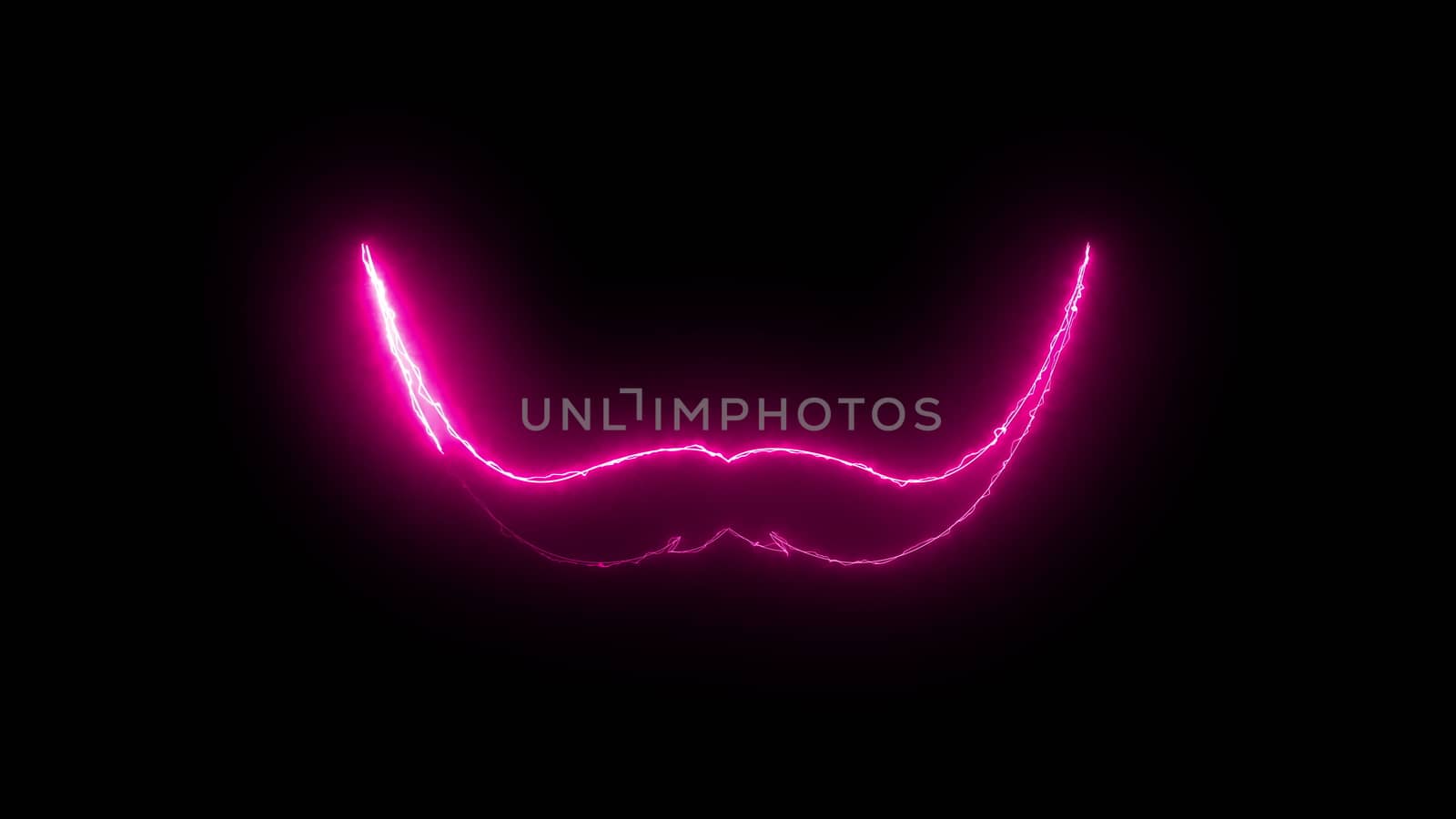 Computer generated abstract background with neon light draws a mustache shape. 3D rendering mustache icon of luminous shiny lines