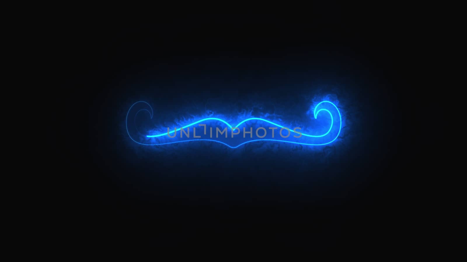 Computer generated abstract background with neon light draws a mustache shape. 3D rendering mustache icon of luminous shiny lines