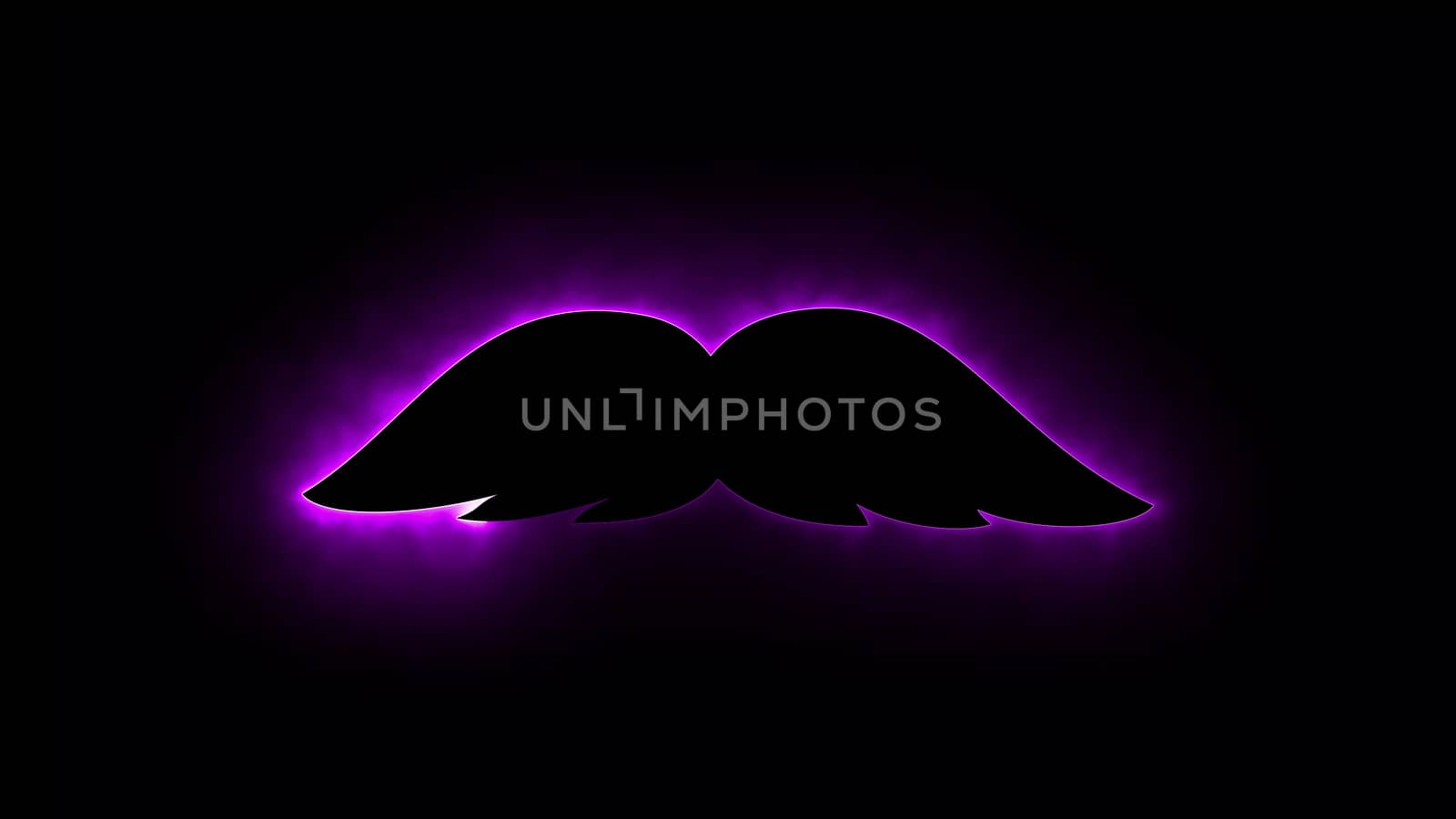 Computer generated abstract background with neon light draws a mustache shape. 3D rendering mustache icon of luminous shiny lines
