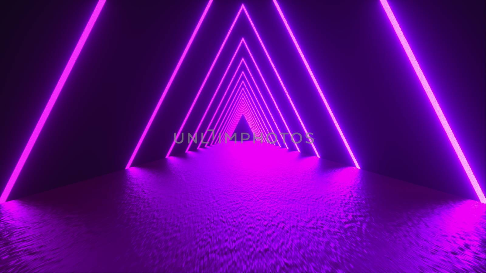 3D rendering, abstract geometric background, virtual reality, computer generated fluorescent ultraviolet light, glowing neon lines, a triangular tunnel with a straight smooth road