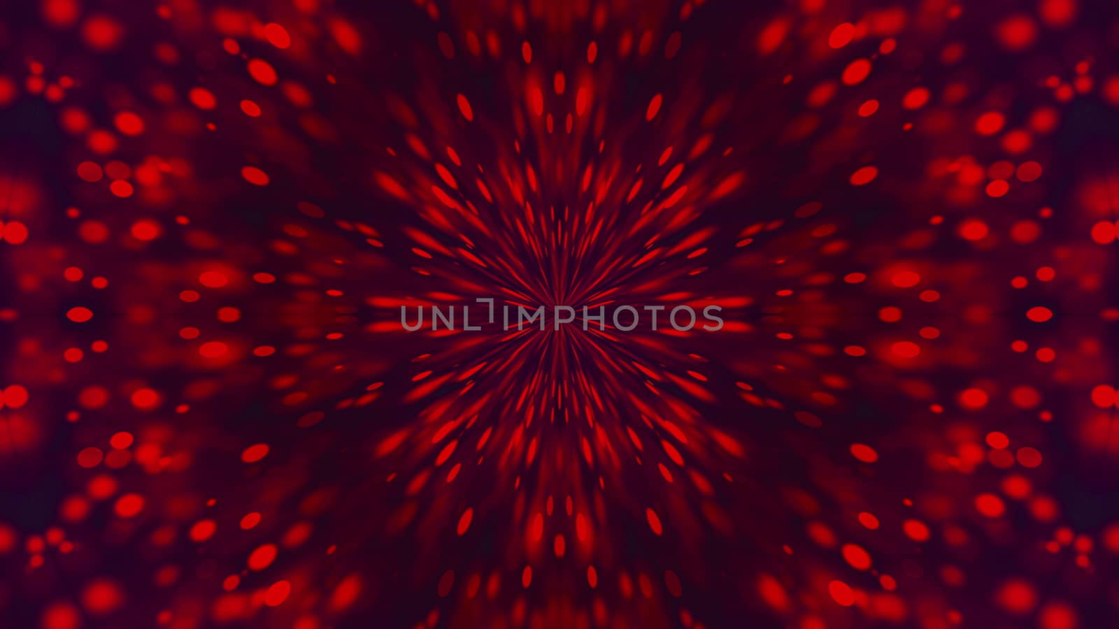 Computer generated a kaleidoscope of red particles flying from the center on a dark background, 3d rendering