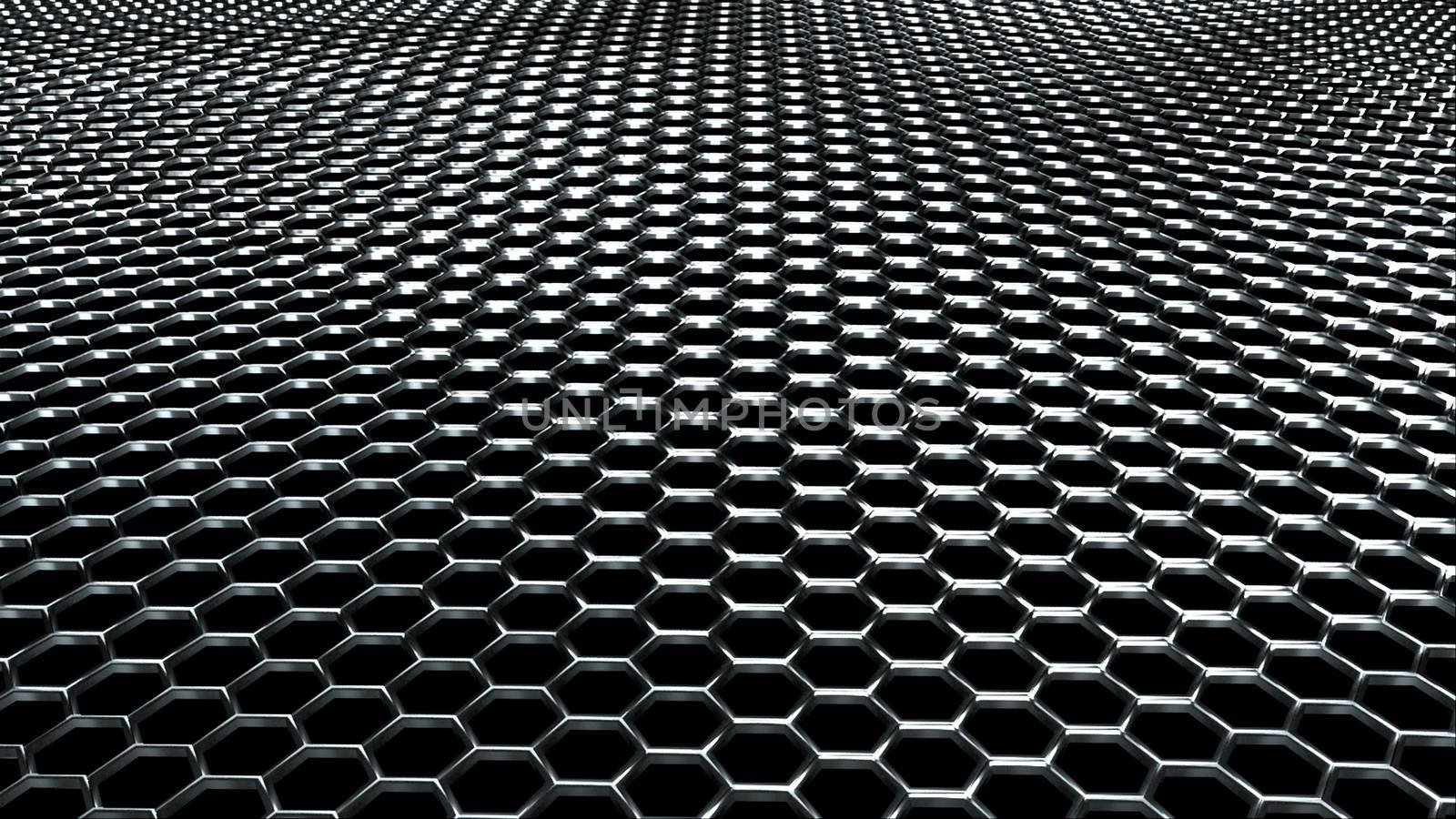 Wavy metal surface made of shiny silver hexagons. Computer generated modern background, 3D rendering.