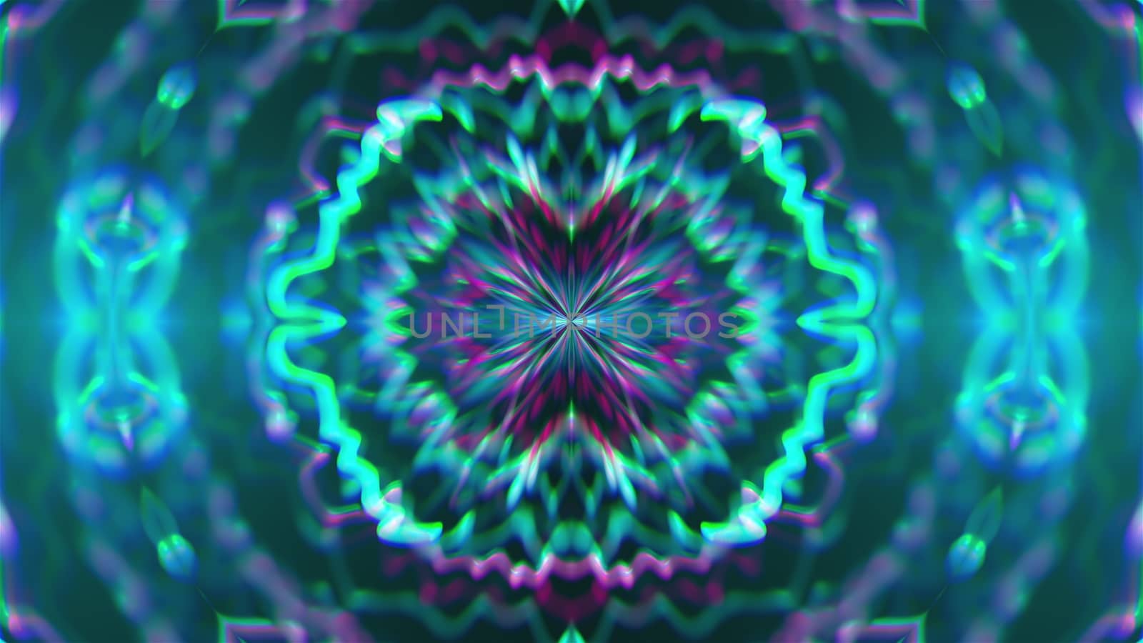 Abstract symmetry kaleidoscope like Mandala ornament, 3d rendering backdrop, computer generating background