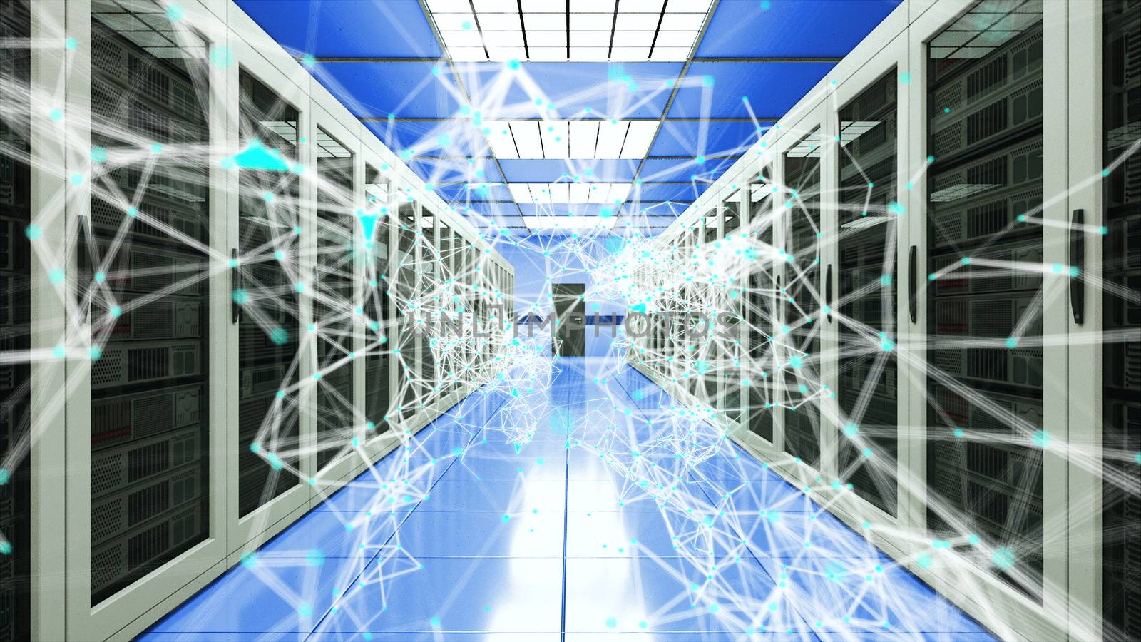 Server room and connection dots in datacenter, web network and internet telecommunication technology, data storage and cloud service concept, 3d rendering