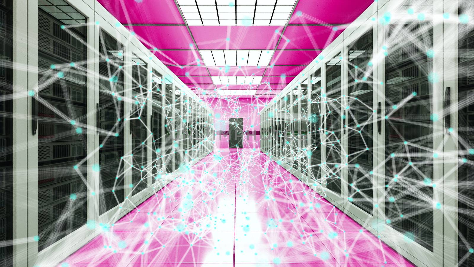 Server room and connection dots in datacenter, web network and internet telecommunication technology, 3d rendering by nolimit046