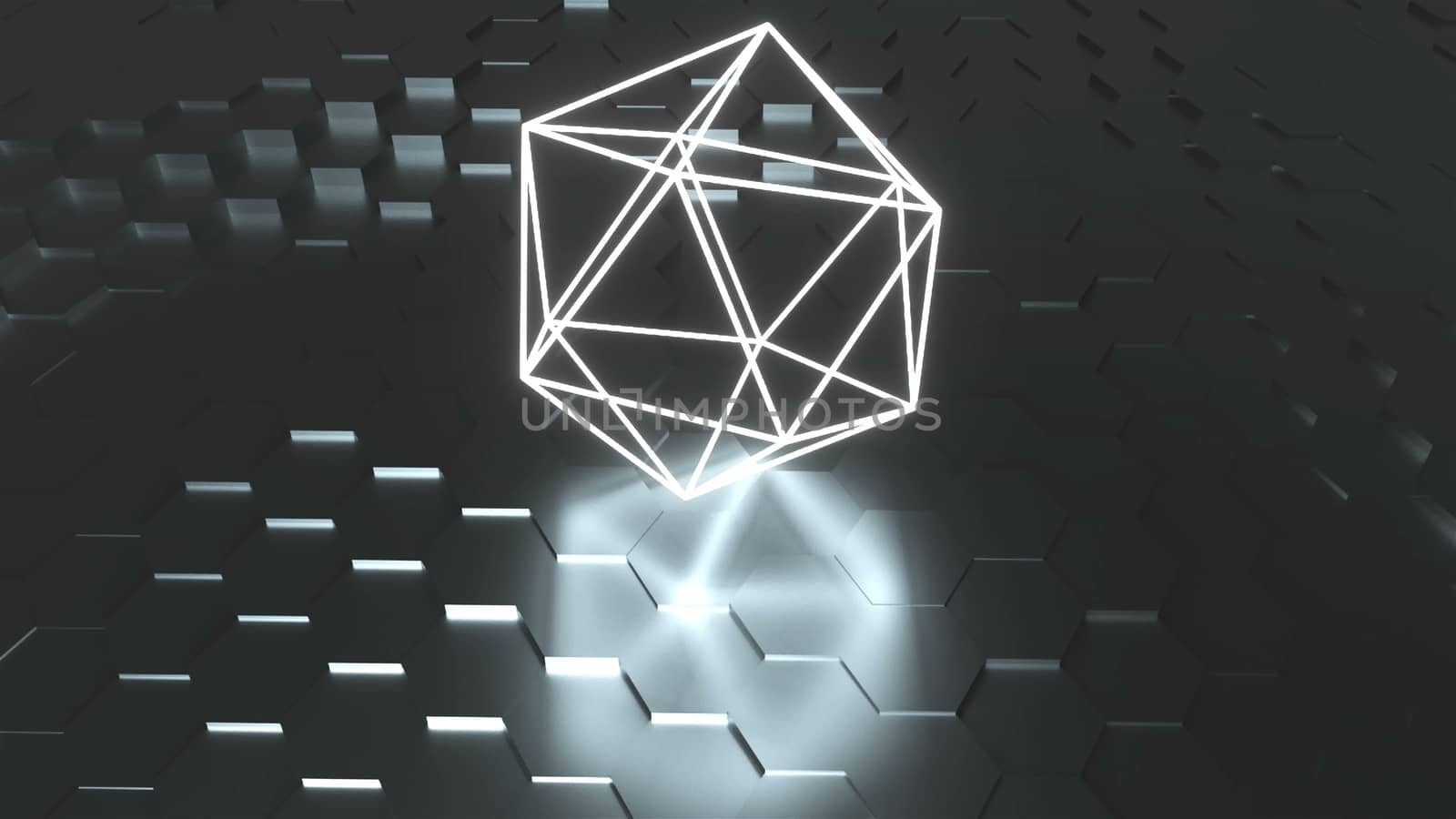 Neon atom symbol are on surface with reflection, futuristic 3d rendering background, icosahedron geometric shape