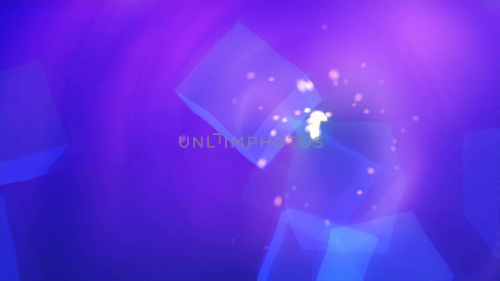Blue cubis abstraction in the clear space with shiny particles, light and easy background, 3d rendering backdrop