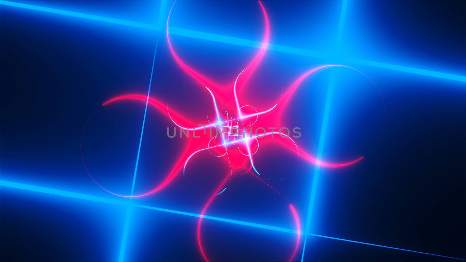 Neon composition with bright shapes like neon tunnel is in the dark space, 3d rendering computer generated background