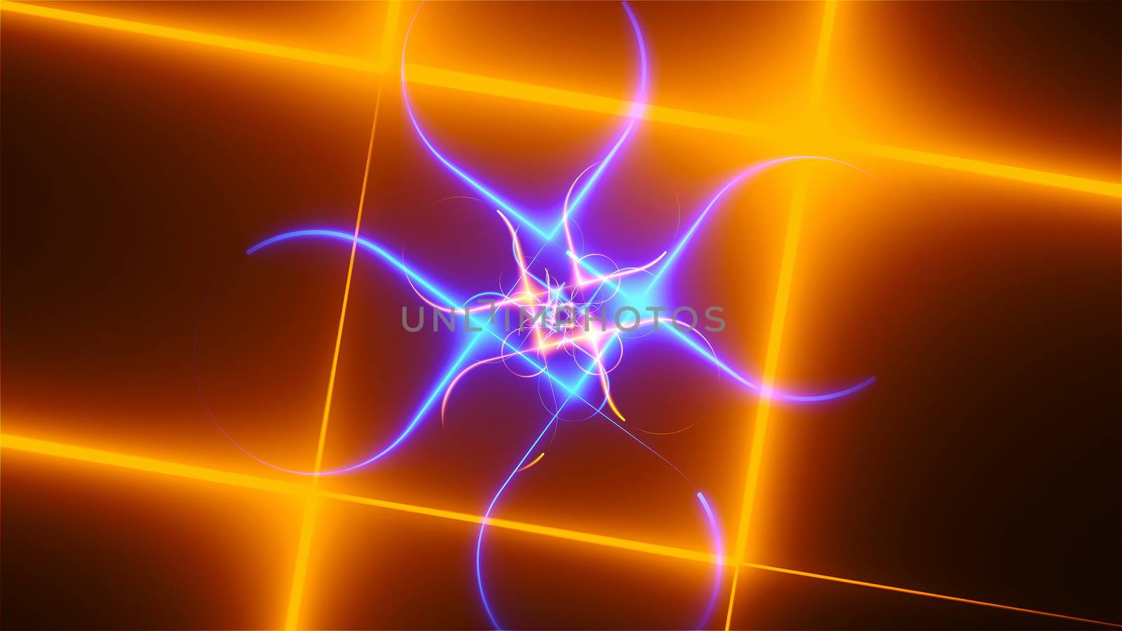Neon composition with bright shapes like neon tunnel is in the dark space, 3d rendering computer generated background