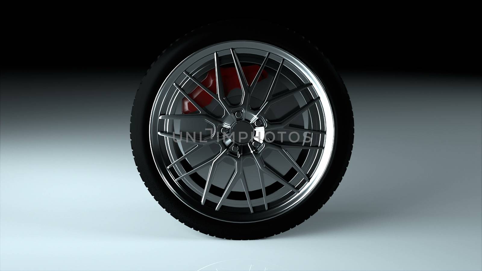 Modern and shiny car wheel on the surface, stylish and simple object, 3d rendering computer generated backdrop