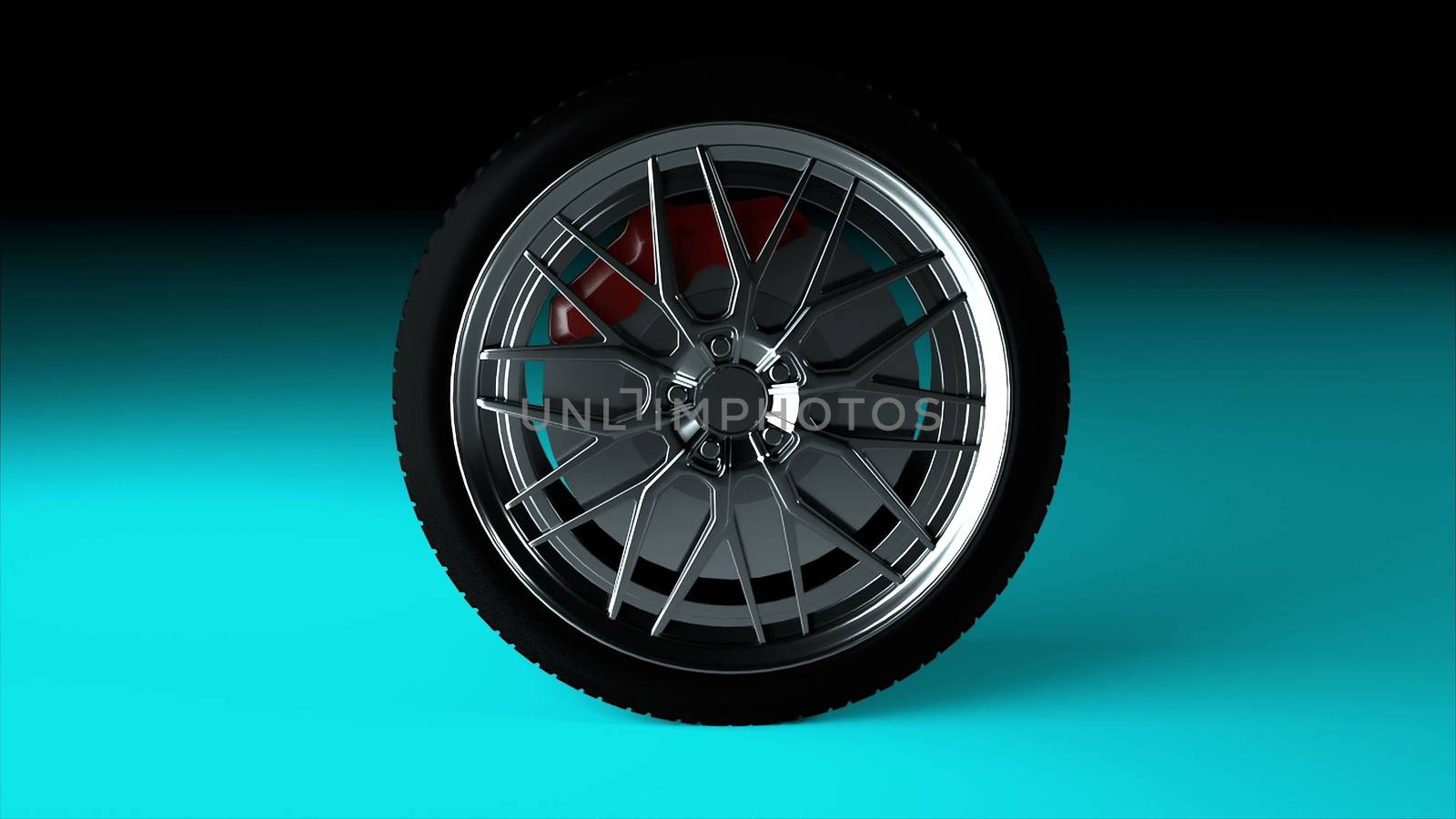 Modern and shiny car wheel on the surface, stylish object, 3d rendering computer generated backdrop by nolimit046