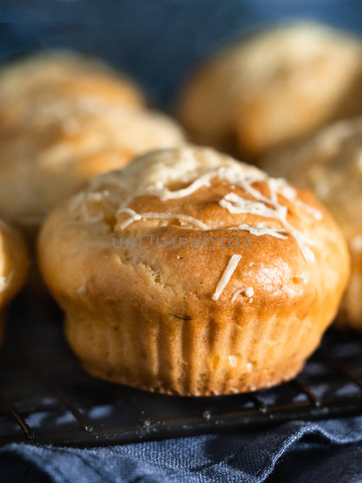 Delicious savory salted muffins with cream cheese, herbs and spices, topping grated parmesan. Close up view, selective focus. Vertical