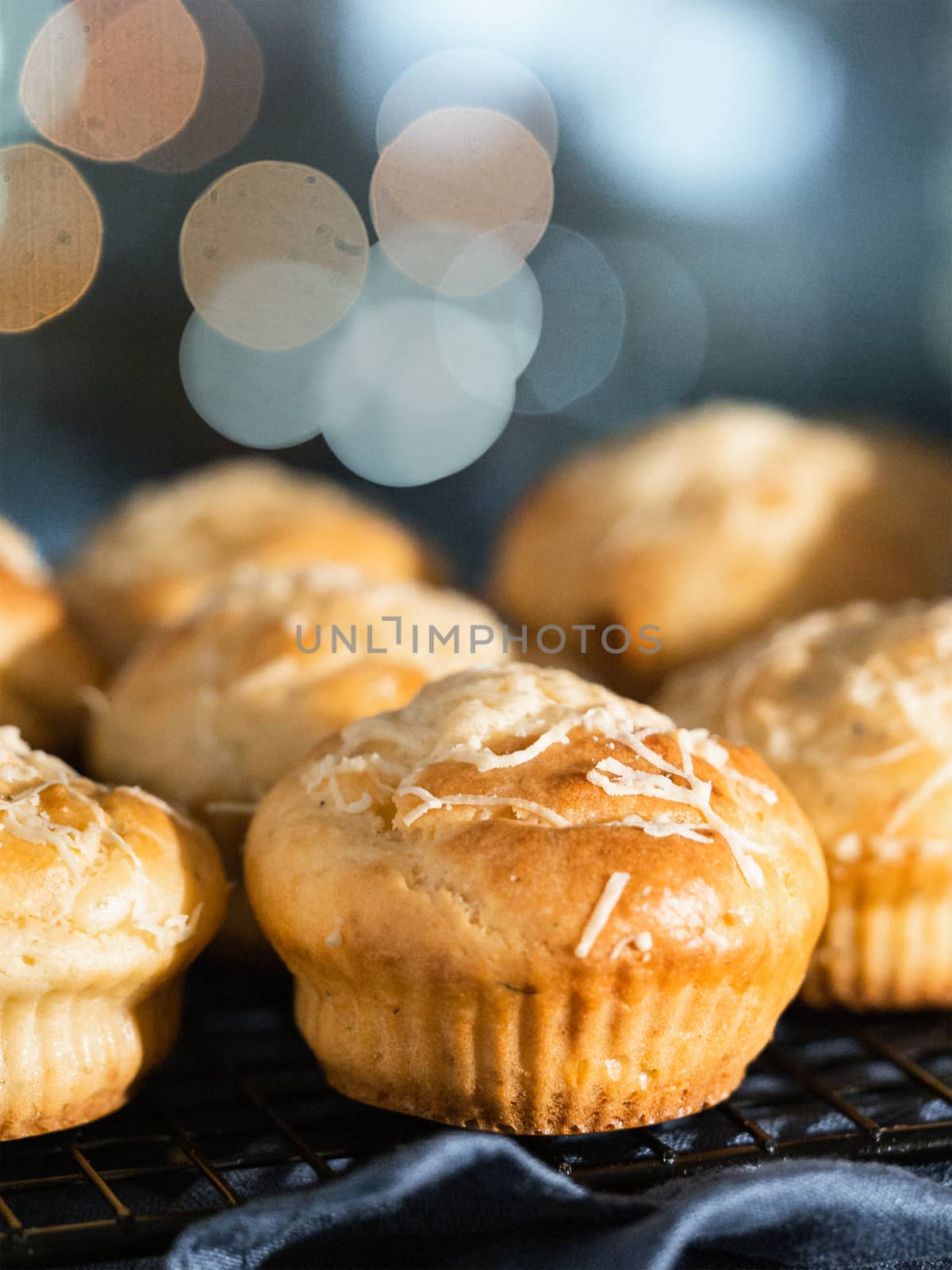 Delicious savory salted muffins with cream cheese, herbs and spices, topping grated parmesan. Cozy autumn winter pastries with festive bokeh background. Copy space for text or design. Vertical