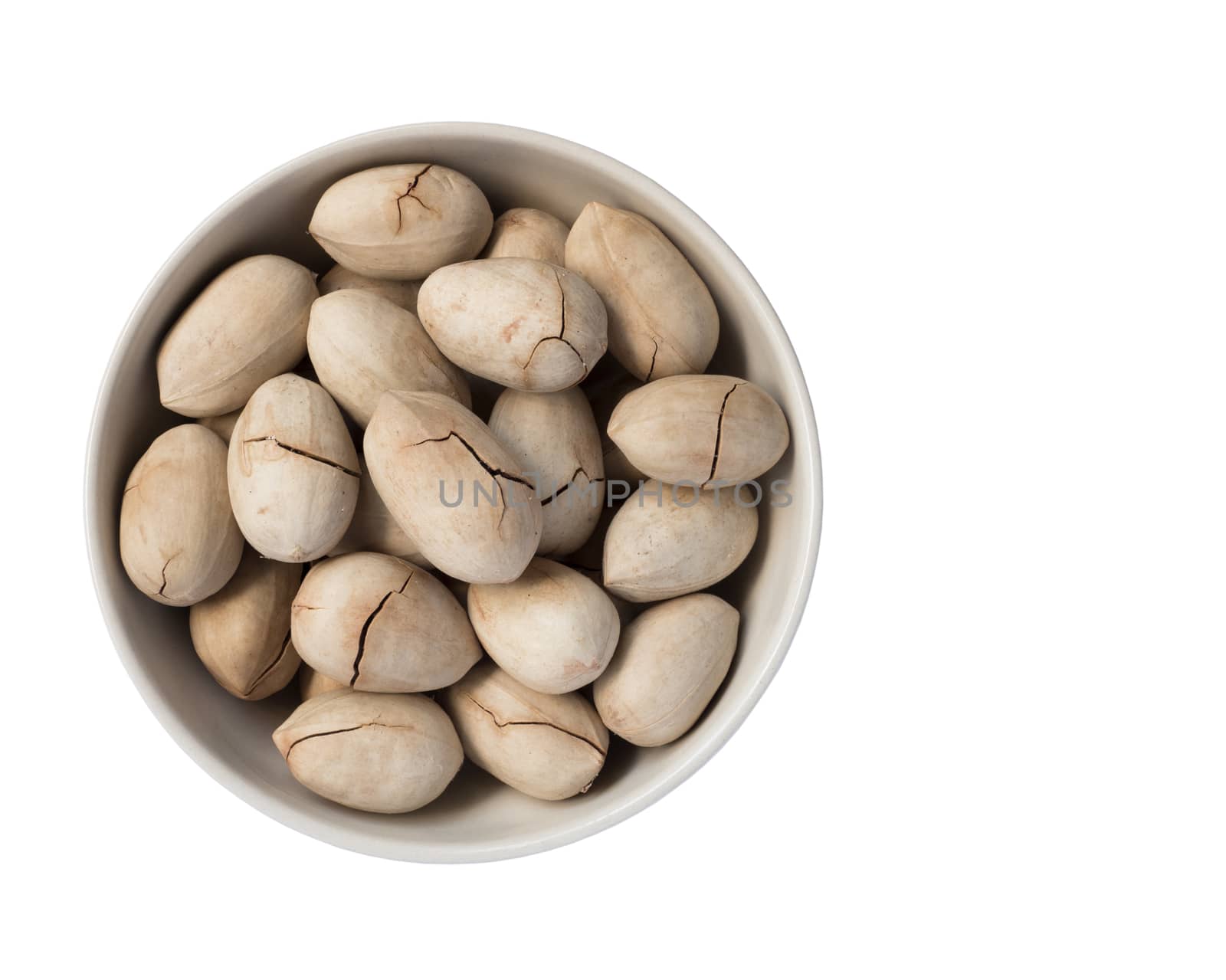 Whole Fried Pecan Nuts with Cracked Shell in Round Bowl Isolated on White Background