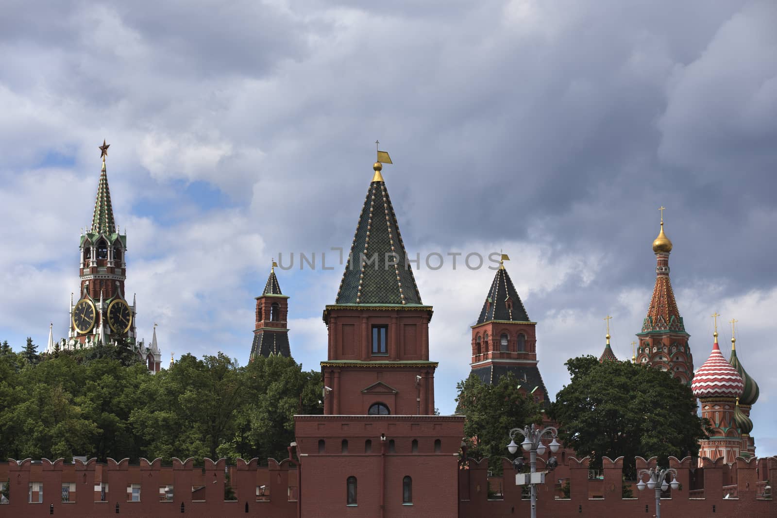 Russia, Moscow, view on Kremlin towers on against dramatic cloudy sky.
