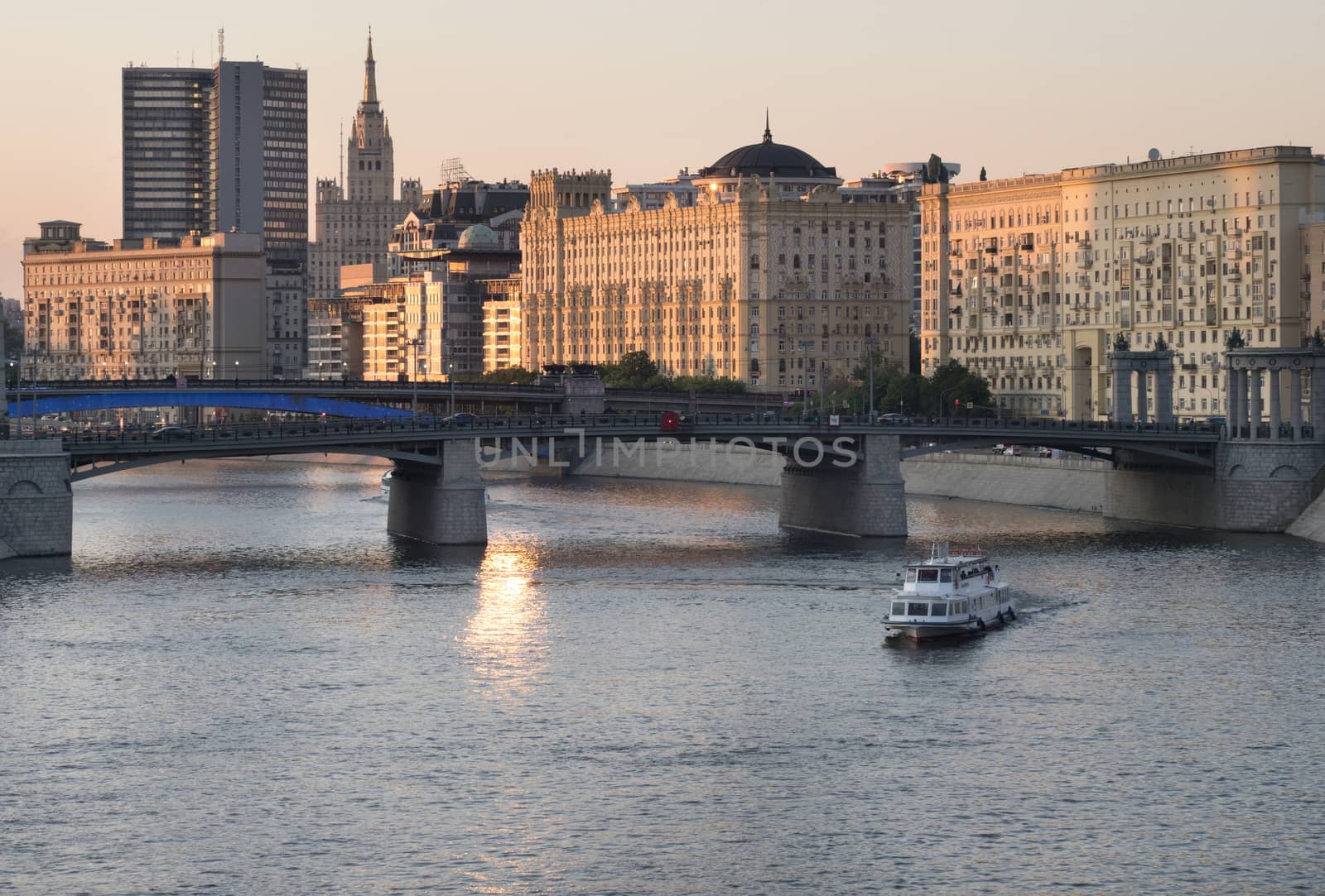 Russia, Moscow, Center of City View on River, Bridge and Buildings of Different Styles.