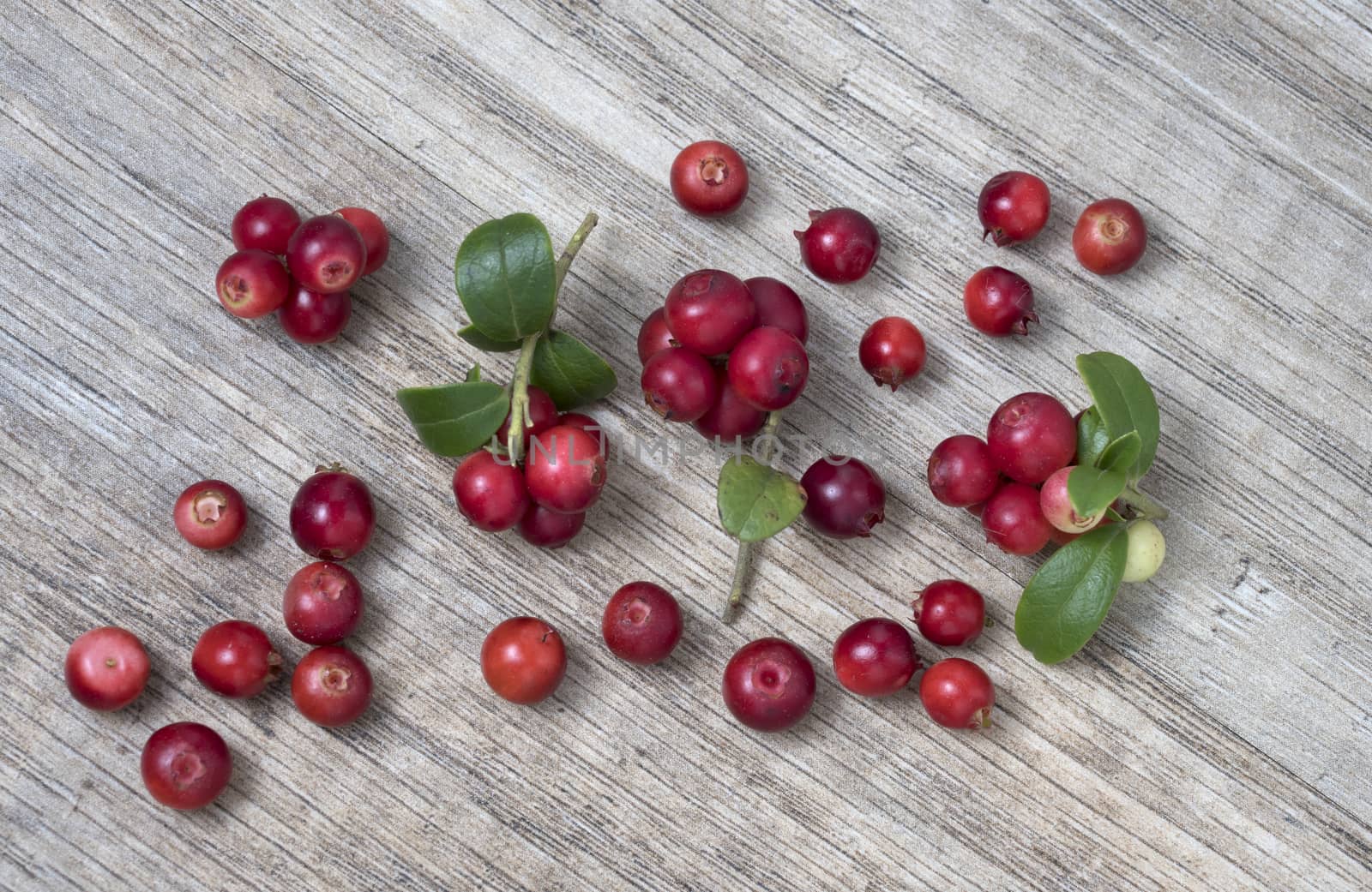Lingonberry (fruits of Vaccinium vitis-idaea) with leaves, on wooden background, top view.