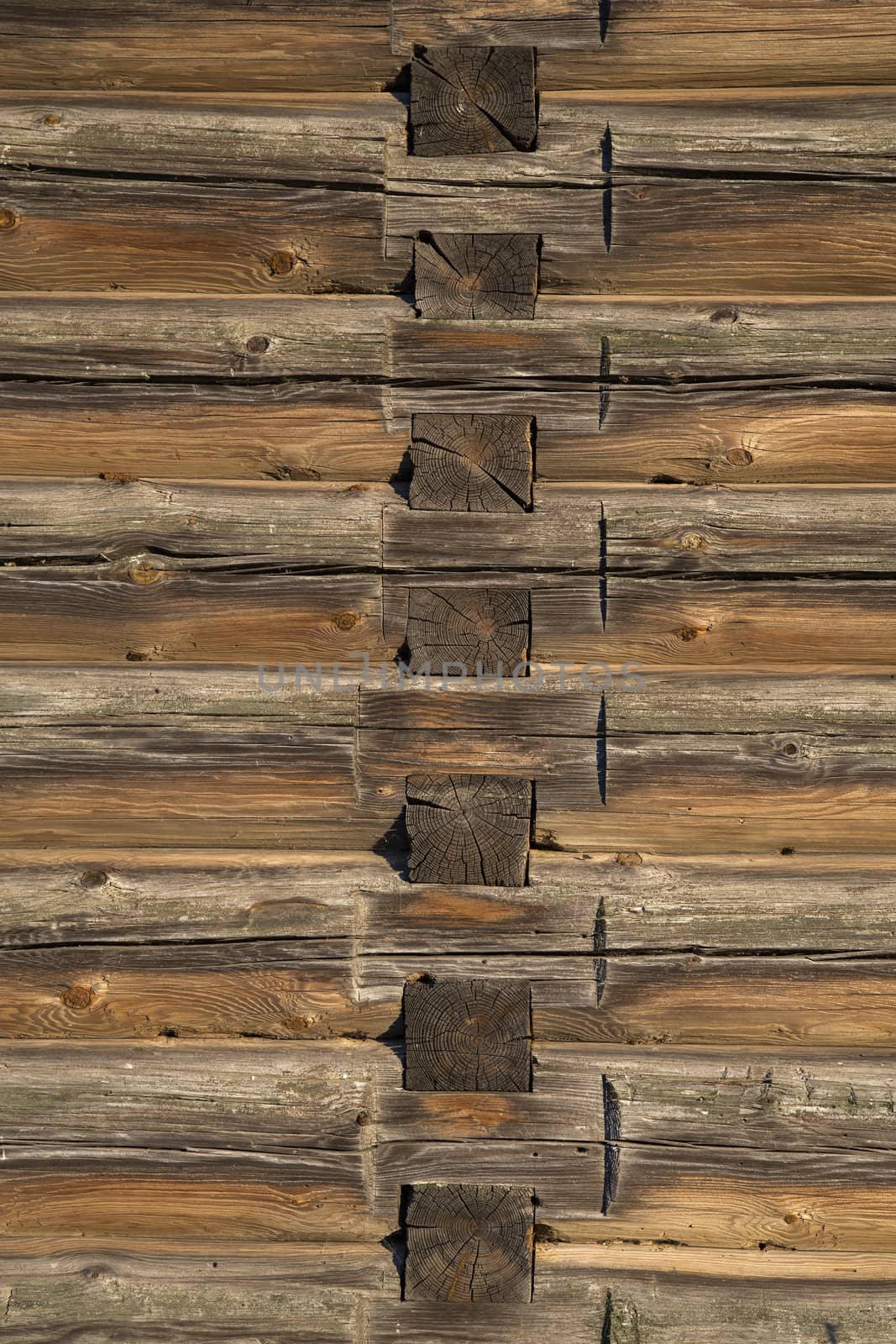 Old Log Cabin Wall Texture. Dark Rustic House Log Wall. Horizontal Timbered Background.